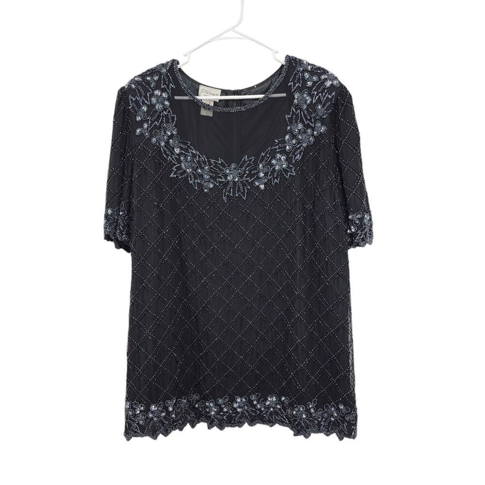 Stenay Women's Vintage Fully Beaded 100% Silk Black Short Sleeve Blouse Sz